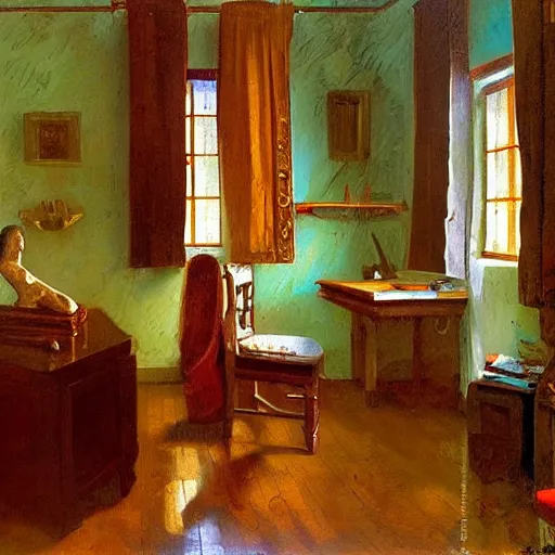 Image similar to a cozy little office nook, dmitry spiros, leonardo da vinci, jacques - louis david, johannes vermeer, 8 k, wide angle,