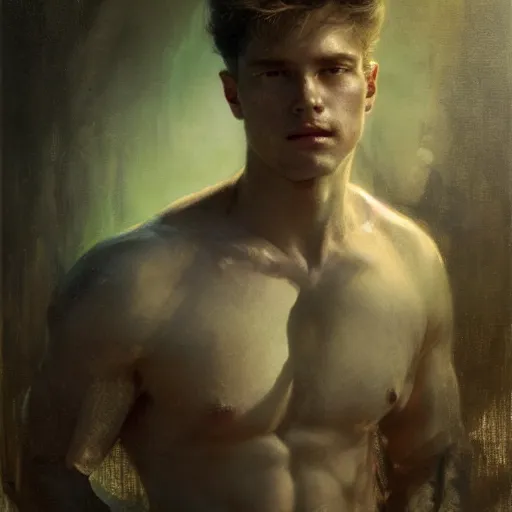 Prompt: handsome portrait of a young guy fitness posing, war hero, dreamy, radiant light, caustics, reflective water, by gaston bussiere, bayard wu, greg rutkowski, giger, maxim verehin