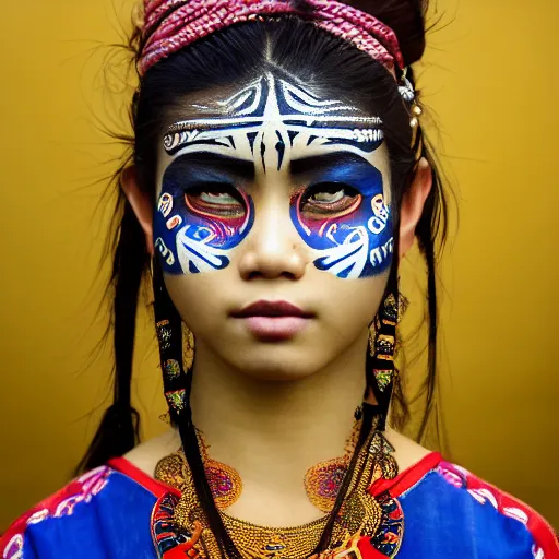 Image similar to portrait of a stunningly beautiful asian tribal female, small amount of traditional facepainting, depth of field, zeiss lens, detailed, symmetrical, centered, fashion photoshoot, by alphonse mucha, Annie Leibovitz and Steve McCurry, David Lazar, Jimmy Nelsson, Breathtaking, 8k resolution, extremely detailed, beautiful, establishing shot, artistic, hyperrealistic, beautiful face, octane render