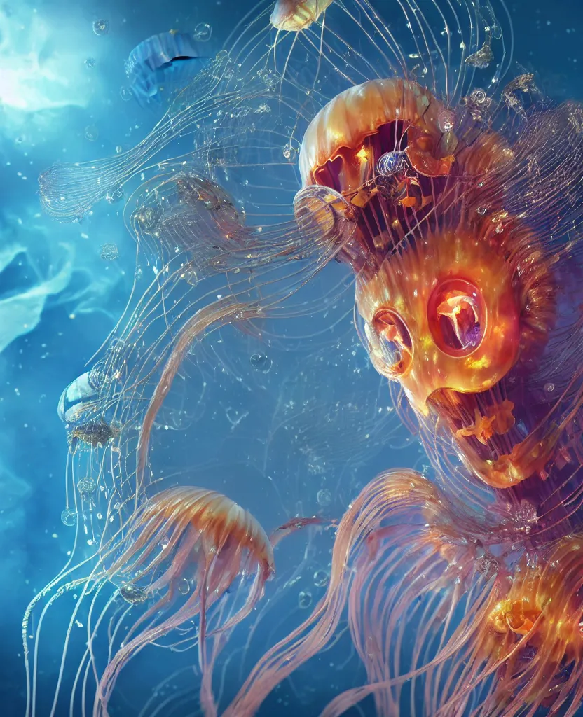 Image similar to close-up portrait of the face of a beautiful princess in a twisted flowers jellyfish mask in a spaceman suit surrounded by energy flow, epic angle and pose, symmetrical artwork, 3d with depth of field, blurred background, floating jellyfish skull phoenix bird, translucent, nautilus, energy flows of water and fire. a highly detailed epic cinematic concept art CG render. made in Maya, Blender and Photoshop, octane render, excellent composition, cinematic dystopian brutalist atmosphere, dynamic dramatic cinematic lighting, aesthetic, very inspirational, arthouse. y Greg Rutkowski, Ilya Kuvshinov, WLOP, Stanley Artgerm Lau, Ruan Jia and Fenghua Zhong