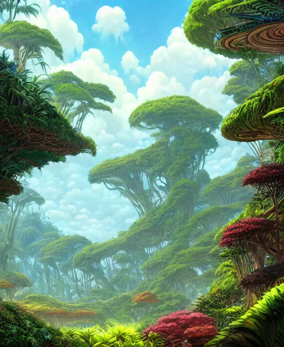 Image similar to an enormous conservatory, overgrown with huge weird ferns and exotic fungus, on an ocean cliff side, noon, sun drenched, partly cloudy, by dan mumford, yusuke murata, makoto shinkai, ross tran, cinematic, unreal engine, cel shaded, featured on artstation, pixiv