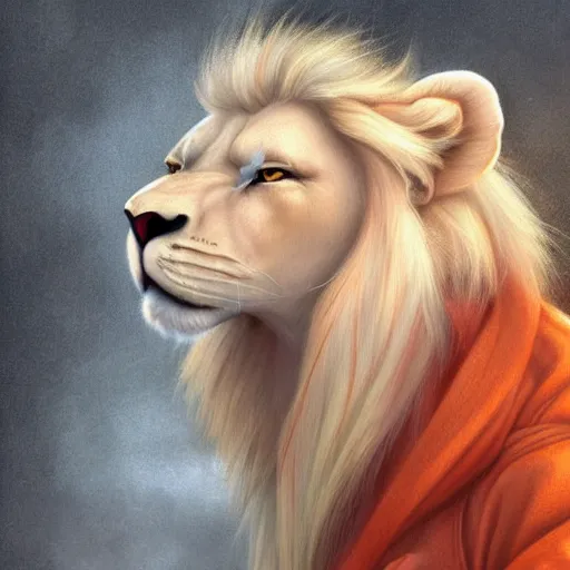 Image similar to aesthetic portrait commission of a albino male furry anthro lion wearing a cute orange colored cozy soft pastel winter outfit, detailed face , hyperdetailed, autumn atmosphere. Character design by charlie bowater, ross tran, artgerm, and makoto shinkai, detailed, inked, western comic book art, 2021 award winning painting