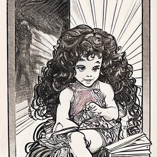 Prompt: a little girl with a mischievous face and light brown curly wavy hair. she is sitting on top of a tall like of books. well composed, clean elegant painting, beautiful detailed face. by steve ditko and jack kirby and alphonse mucha