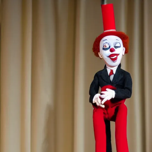 Image similar to string marionette of a president with clown makeup in a podium and a human shadow behind