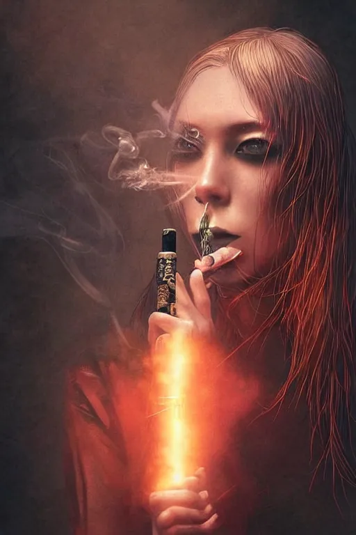 Prompt: Gothic girl smoking a fractal cigarette, dark background. digital art. amazing quality. perfect lighting. Professional design. Great composition. by Bill Sienkiewicz and Tomoyuki Yamasaki and Tsutomu Nihei, octane render, award winning art. impressive colors. trending on artstation. by RHADS