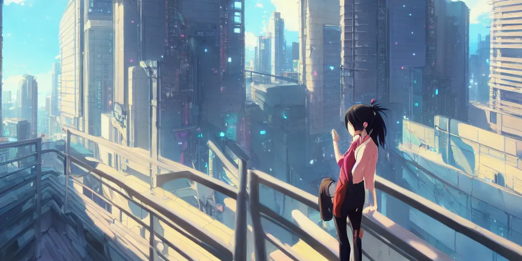 Prompt: beautiful anime painting of a woman looking out of the balcony to the cyberpunk city, by makoto shinkai, kimi no na wa, artstation, atmospheric.