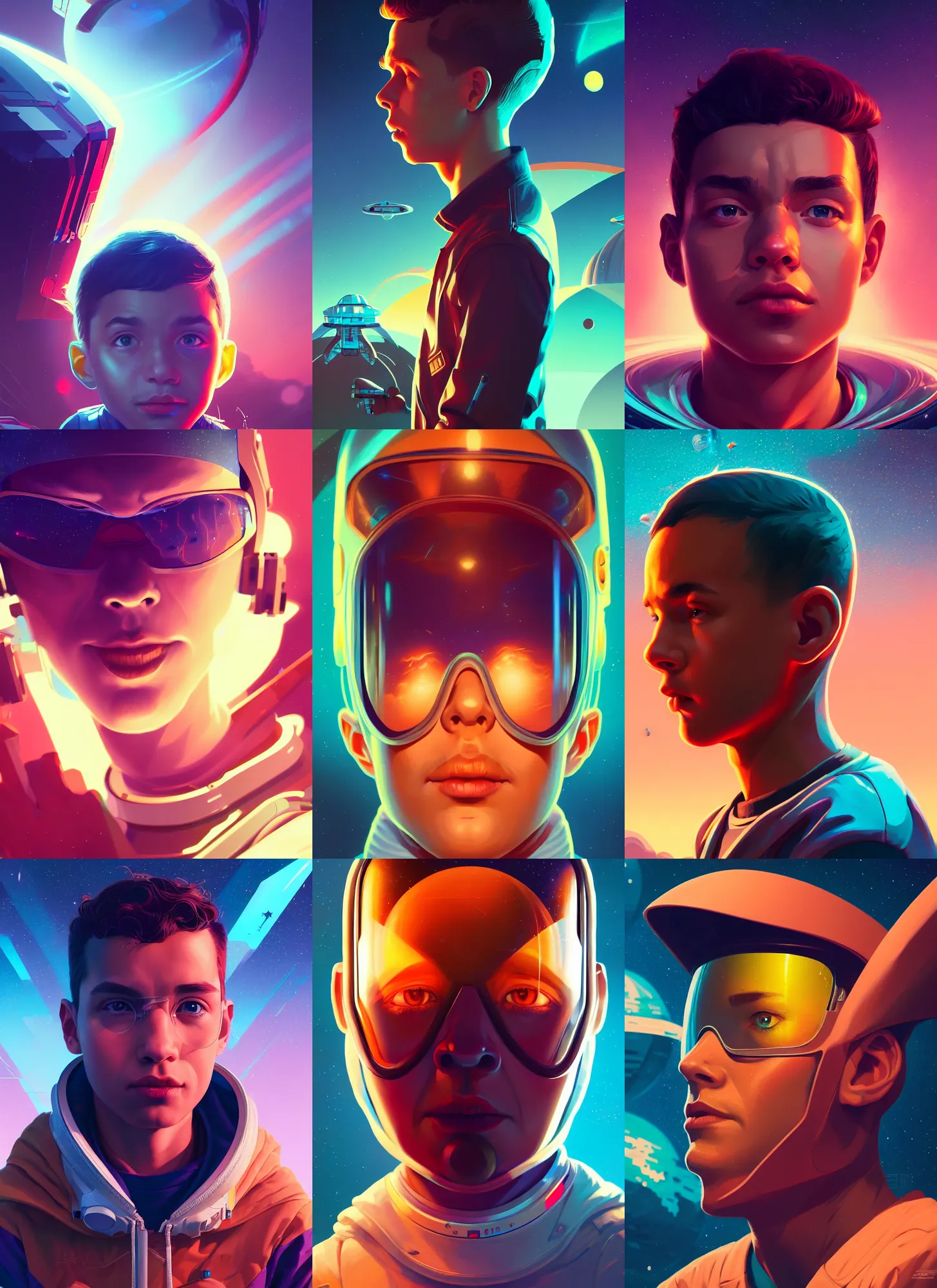 Prompt: retrofuturistic portrait of a boy, space graphics art in background, close up, wlop, dan mumford, artgerm, liam brazier, peter mohrbacher, 8 k, raw, featured in artstation, octane render, cinematic, elegant, intricate, 8 k