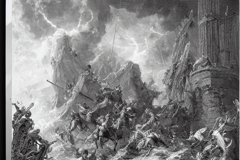 Image similar to highly detailed big open book, open book page, don quixote left the book, symmetrical face, magical, roman myth, masterpiece, crashing waves, lightning, highly detailed painting by gustave dore