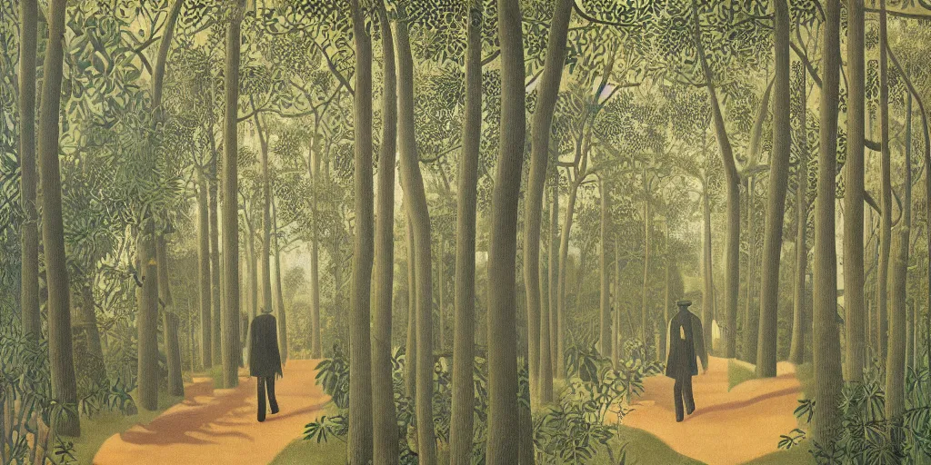 Prompt: a beautiful illustration of a man walking through the forest, he is wearing a cape covered with pinecone scales, by henri Rousseau, 8k, 4k