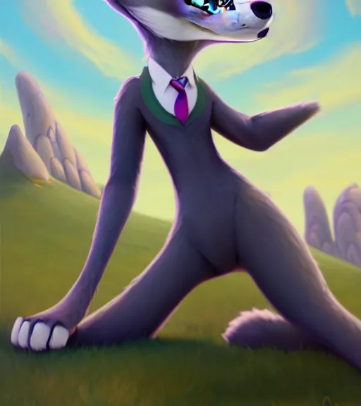Image similar to oil painting of full body of anthromorphic female wolf, in style of zootopia, zootopia, zootopia, fursona, furry, furaffinity, 4 k, deviantart, furry art, fursona art, wearing black business suit, business suit, in style of zootopia, wolf fursona, cyberpunk, female, expressive detailed feminine face,