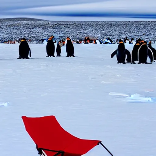 Prompt: a red camping chair in the middle of antarctica. the chair is far away from the camera and the chair is surrounded by a group of penguins.