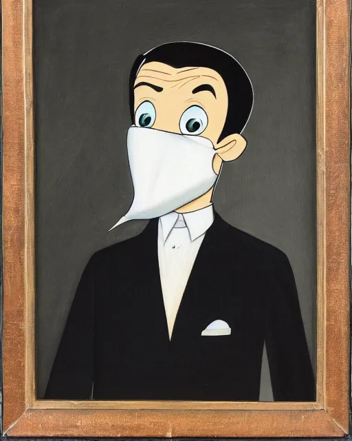 Image similar to portrait of young man wearing black medical mask, suit and tie, style of tex avery