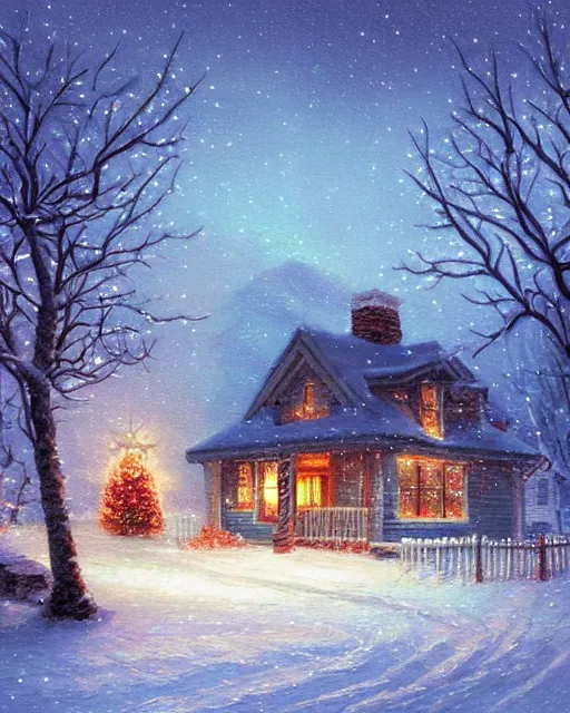 Prompt: cold frigid winter night in a small cottage with a atomospheric blue hazy hue midnight before christmas cinematic scene by shaddy safadi and thomas kinkade