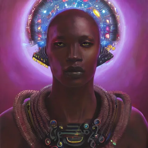 Image similar to afrofuturistic techno - mage uploading ancestral knowledge to the uni - mind interface, dark fantasy, occult, high - quality, surrealist oil painting, artstation