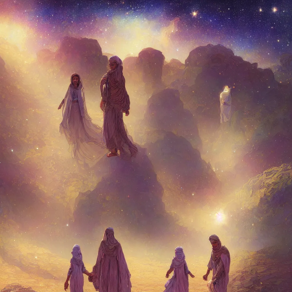 Image similar to bedouin man and woman and child in galaxy walking towards mosque surrounded by nebula, highly detailed, gold filigree, romantic storybook fantasy, soft cinematic lighting, award, disney concept art watercolor illustration by mandy jurgens and alphonse mucha and alena aenami, pastel color palette, featured on artstation