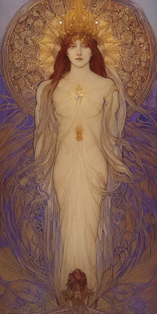 Image similar to portrait burning saint woman, venus, athena, halo, queen, by alphons mucha and annie swynnerton and jean delville, strong dramatic cinematic lighting, ornate headdress, flowing robes, spines, flowers, stars, lost civilizations, smooth, sharp focus, extremely detailed, marble, gold, space