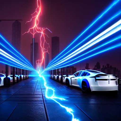 Image similar to photography of a hyper realistic cyberpunk tesla coils, highly detailed complex blue lightnings arround it. high detail, professional digital art, unreal engine 5 8 k rendering, stunning, clear render, artstation