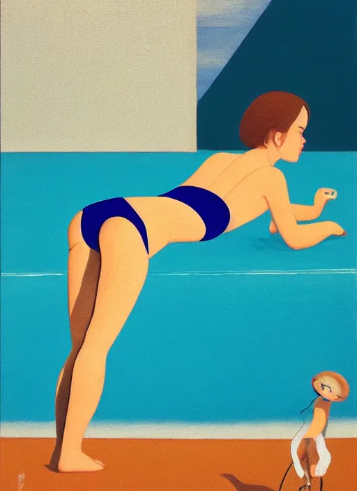 Image similar to a girl, in retro swimsuit, lying by the pool, 7 0 - s, minimalist oil painting by ryo takemasa, shinkai, makoto, kiuchi, tatsuro flat colors, beautiful lightning, sharp, poster