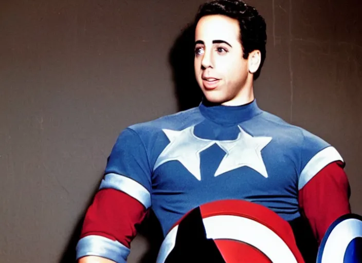 Prompt: young jerry seinfeld as captain america, photography