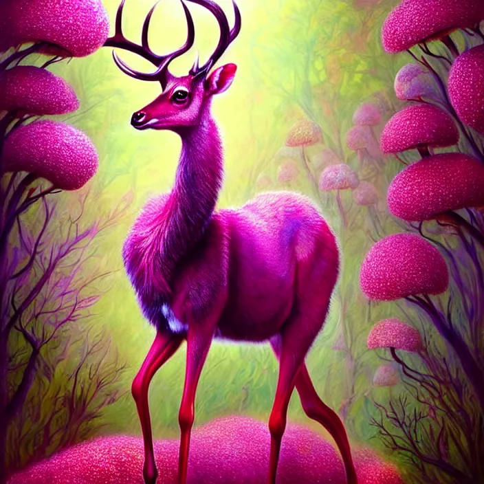 Image similar to extremely psychedelic animal made of orchid and cherry blossom tree and mushroom, elk, gazelle, LSD, diffuse lighting, fantasy, intricate, elegant, highly detailed, lifelike, photorealistic, digital painting, artstation, illustration, concept art, smooth, sharp focus, art by John Collier and Albert Aublet and Krenz Cushart and Artem Demura and Alphonse Mucha