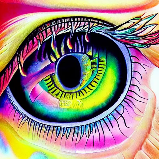 Image similar to higly detailed painting of human eye, in the style of lisa frank, fibonacci, surreal, photorealistic, studio ghibli, art nouveau