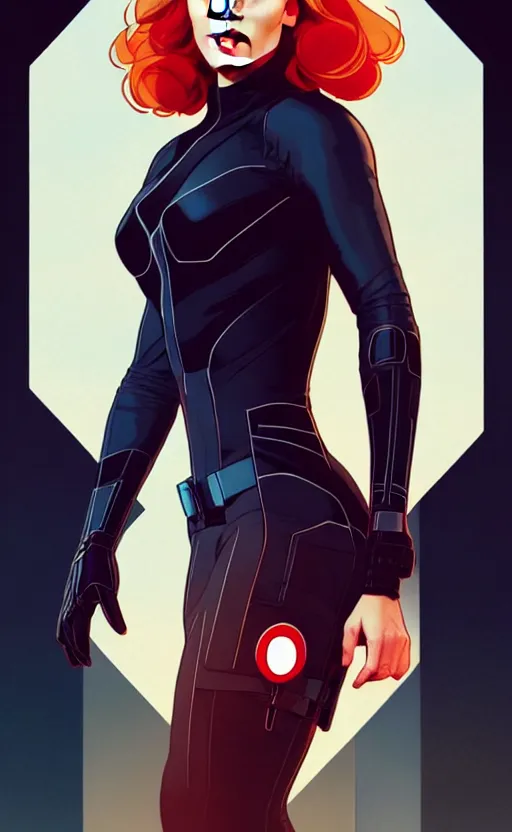 Image similar to rafeal albuquerque comic art, joshua middleton comic art, artgerm, cinematics lighting, night time, pretty scarlett johansson black widow, big smirk, symmetrical face, symmetrical eyes, long red hair, full symmetrical body, flying in the air, jumping off rooftop