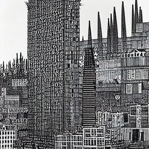 Prompt: A beautiful photograph of a large, monster looming over a cityscape. The monster has several eyes and mouths, and its body is covered in spikes. It seems to be coming towards the viewer, who is looking up at it in fear. by Friedensreich Regentag Dunkelbunt Hundertwasser manmade