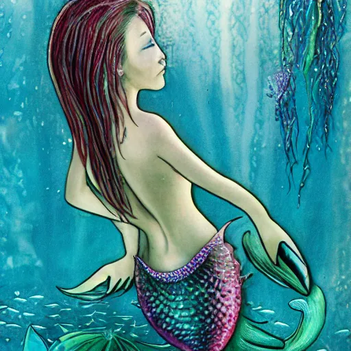 Image similar to mermaid in tears, looking at the aquarium, back side photography, closeup