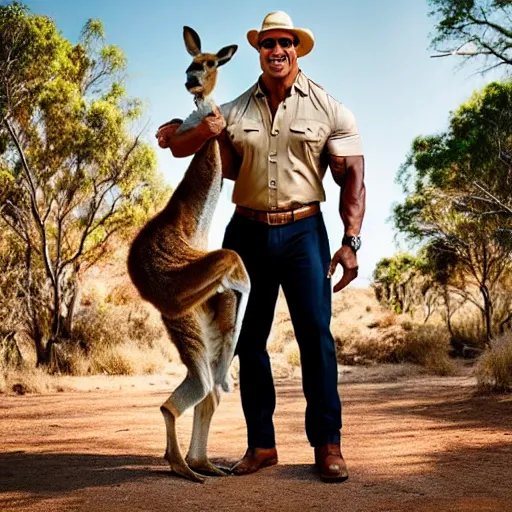 Image similar to dwayne johnson holding a kangaroo, he is wearing a safari outfit and a pith hat, studio photography, 8 k