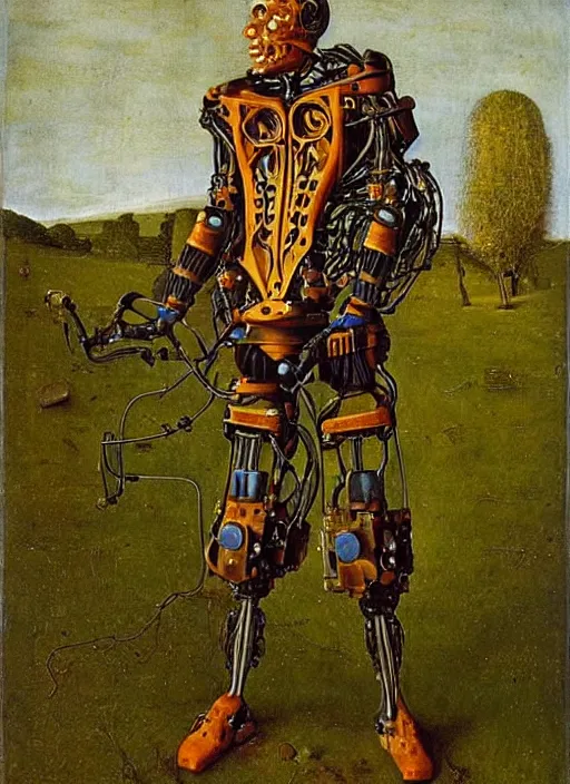 Image similar to cybernetic exoskeleton cyborg farmer by Jan van Eyck