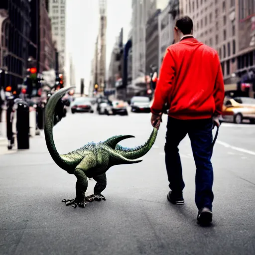 Prompt: a man walking his pet dinosaur on the streets of new york, photography, movie still, dslr 5 5 mm, 4 k