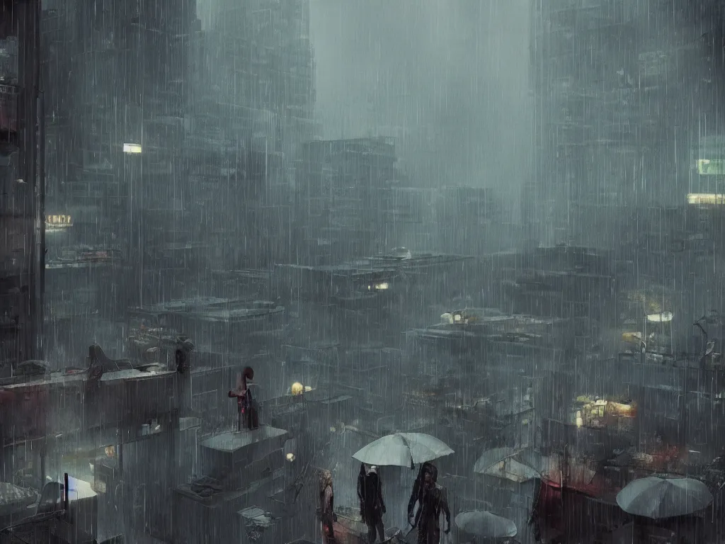 Image similar to People with umbrellas on terrace, rainy atmosphere in the style of cyberpunk. Dramatic, Cinematic, ArtStation, realistic photograph, ambient, dark shades of colors, Unreal Engine 5, rendered by Octane.