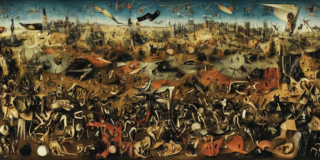 Image similar to Final scene of the Avengers movie with the battle between the Avengers and the Chitauri in New York by Hieronymus Bosch