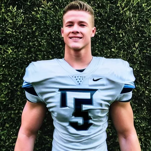 Image similar to “ a realistic detailed photo of a guy who is an attractive humanoid who is half robot and half humanoid, who is a male android, football player christian mccaffrey, shiny skin, posing like a statue, blank stare, on the field, on display ”