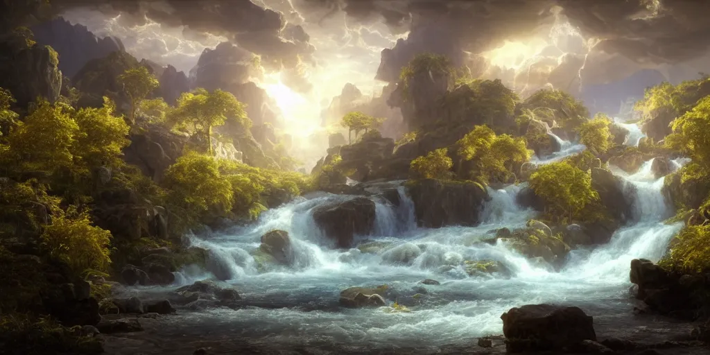 Image similar to creation of the world and heaven with a river of the water of life, clear as crystal, flowing from the throne of god and of the lamb by daniel f. gerhartz and matt stewart and thomas cole, fantasy, photorealistic, octane render, unreal engine, dynamic lighting