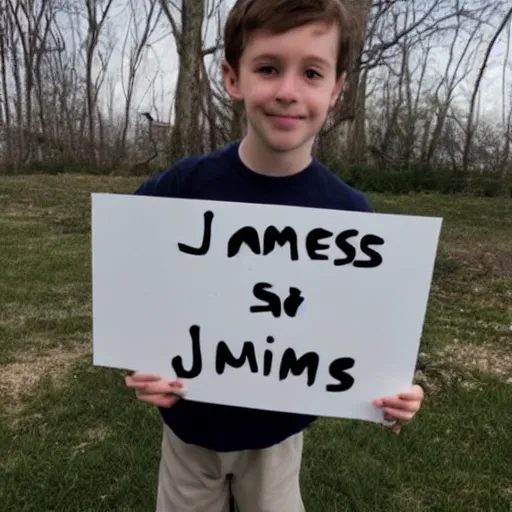 Image similar to A boy holding a sign saying, james