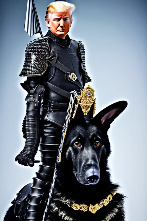 Image similar to donald trump knight wearing a real german shepherd on his head, armor designed by wayne barlowe, swarovski and tiffany, blonde hair, symmetry, sci - fi, cinematic, elegant, luxury, perfect light, perfect composition, dlsr photography, sharp focus, dark fantasy, 8 k, ultra hd, sense of awe, highly detailed, realistic, intricate