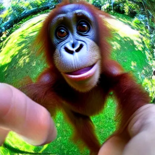 Prompt: baby orangutang, low quality 2 4 0 p fish eye lens selfie