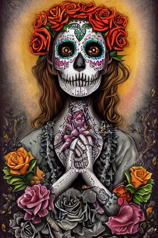 Prompt: Illustration of a sugar skull day of the dead girl, art by Andrew Ferez