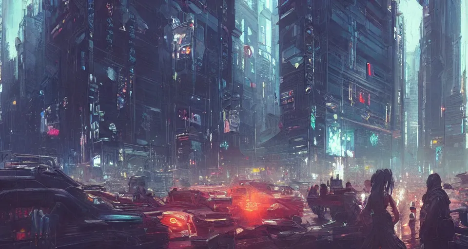 Image similar to very detailed masterpiece painting of a busy cyberpunk city street, portrait, artstation, concept art by greg rutkowski