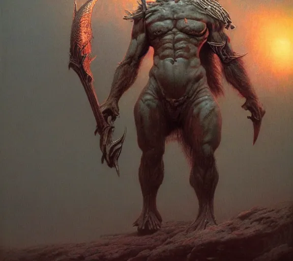 Image similar to minotaur warrior concept, full body concept, beksinski, wayne barlowe, adrian smith fantasy art, the hobbit art, lord of the ring art, the witcher concept art, trending on artstation, game of throne art