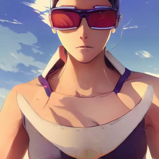 Prompt: anime style, realistic lighting, realistic anatomy, solid colors, made by akio watanabe and greg rutkowski, safebooru, from overwatch, portrait of female beach volley player, standing pose, futuristic glasses lenses, sport clothing, simple background