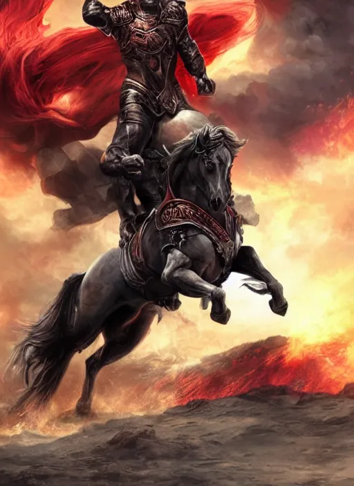 Image similar to the first horseman of the apocalypse riding a strong big red stallion, horse is running, the rider carries a large sword, flames from the ground, artwork by artgerm and rutkowski, breathtaking, dramatic, full view