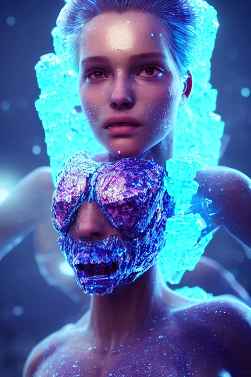 Image similar to a beautiful girl from whose body mineral crystals grow, biopunk, in full growth, magical crystals, smoky crystals, translucent crystals, luminous sparkling crystals, many details, 3 d, cinematic, hyper realism, high detail, octane render