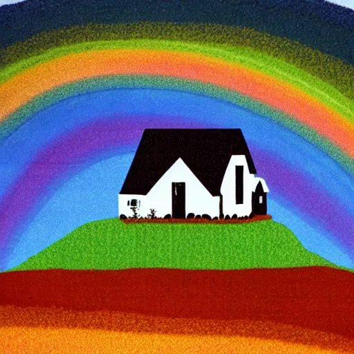 Prompt: farmhouse on a hill with a rainbow glitchy sky