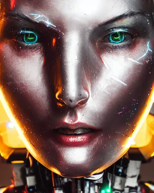 Prompt: photo of sweaty soulful female as a cyberpunk mecha humanoid robotic head and face parts with straight bright led lights, light emitting cables seen over cheekbones, sweaty skin dripping down face, ultra - realistic and detailed, long exposure 8 k