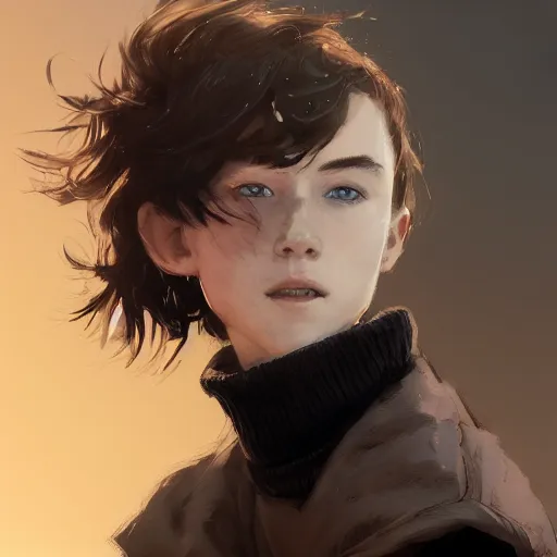 Image similar to portrait of a very masculine teenage girl with blue eyes and brown hair, short men's haircut, smiling, wearing an oversized sweater, dramatic lighting, illustration by Greg rutkowski, yoji shinkawa, 4k, digital art, concept art, trending on artstation