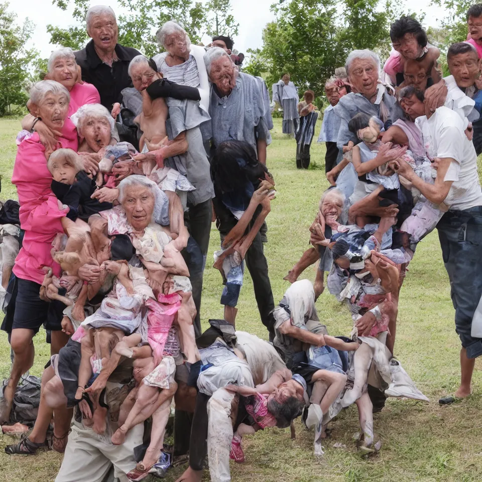 Image similar to family reunion with grandparents and kids attacked by machine guns firing