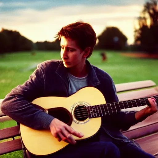 Image similar to 1 9 9 0 s candid 3 5 mm photo of a man sitting on a bench in a park playing guitar, cinematic lighting, cinematic look, golden hour, the clouds are epic and colorful with cinematic rays of light, photographed by petra collins, hyper realistic