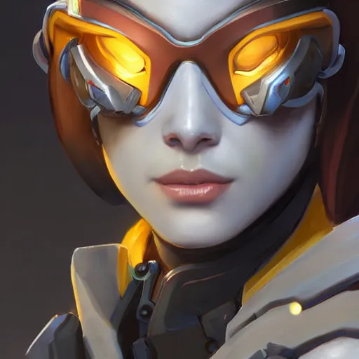 Prompt: overwatch tracer wearing a cyberkinetic mask, digital art, pretty face, very beautiful face, very detailed eyes, ultra detailed, by woop, greg rutkowski,